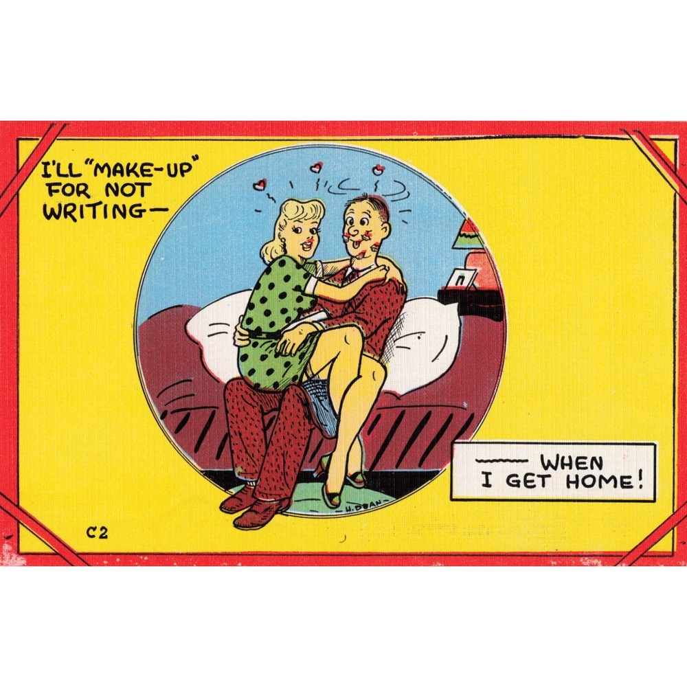 Risque Comic Linen Postcard H Dean Kissing Lap Couple C2 EC Kropp c1940s